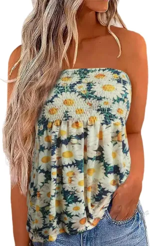 Women Pleated Ruffled Backless Tube Tops Sleeveless Smocked Bandeau Tank Summer Floral Print Strapless Shirts