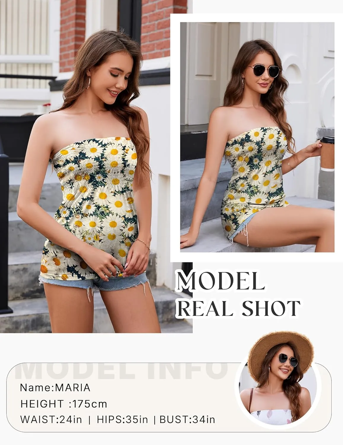 Women Pleated Ruffled Backless Tube Tops Sleeveless Smocked Bandeau Tank Summer Floral Print Strapless Shirts