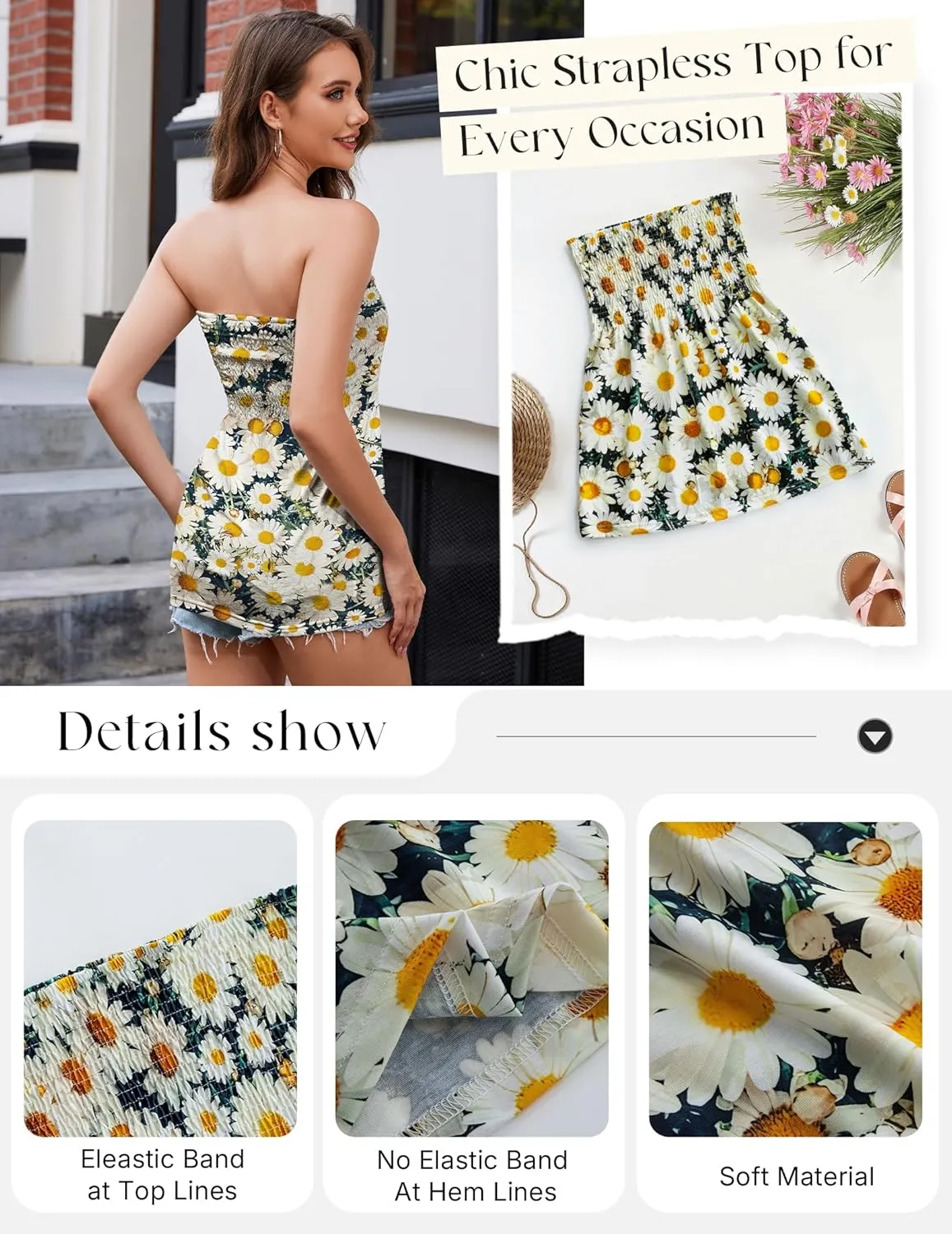 Women Pleated Ruffled Backless Tube Tops Sleeveless Smocked Bandeau Tank Summer Floral Print Strapless Shirts
