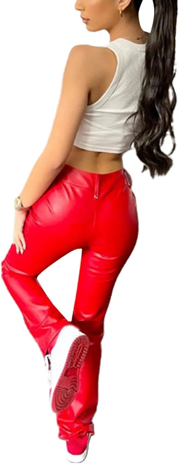 Women 's Faux Leather Slim Fit Straight Trousers Fashion Bandage Hollow High Waist Leather Pants