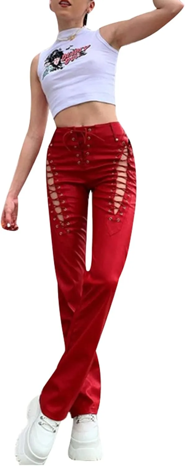 Women 's Faux Leather Slim Fit Straight Trousers Fashion Bandage Hollow High Waist Leather Pants