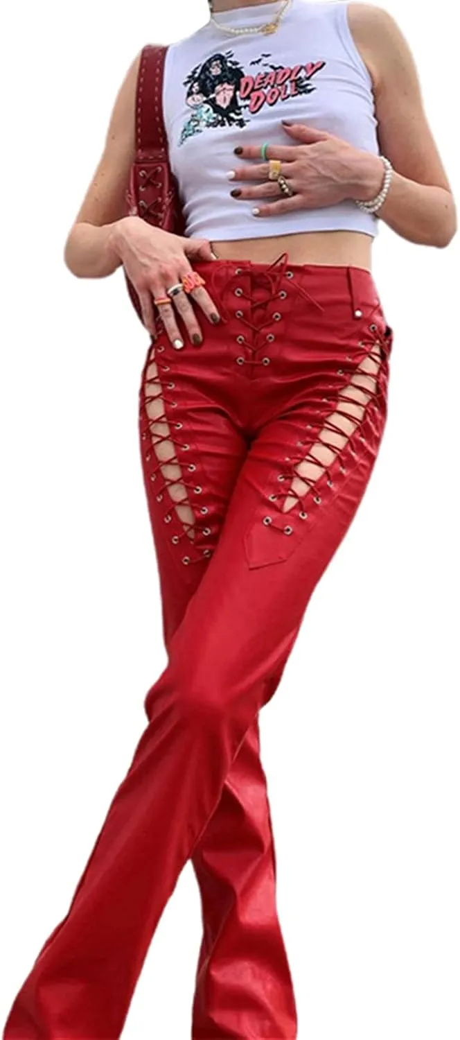 Women 's Faux Leather Slim Fit Straight Trousers Fashion Bandage Hollow High Waist Leather Pants