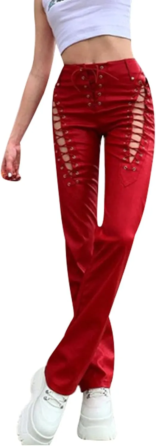 Women 's Faux Leather Slim Fit Straight Trousers Fashion Bandage Hollow High Waist Leather Pants