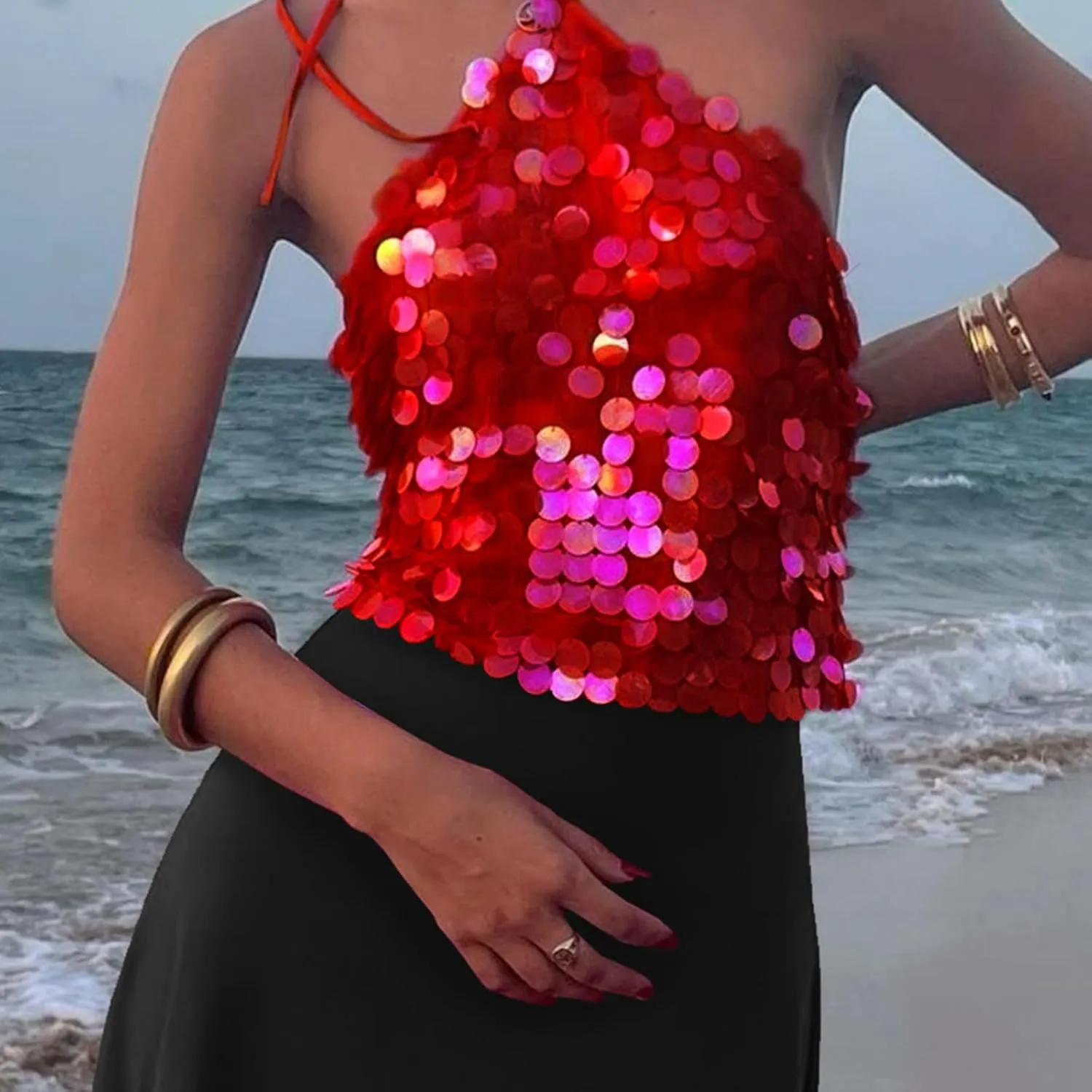 Women Sequin Halter Crop Top Sparkle Glitter Sleeveless Backless Cami Tank Tops Y2K Overall Sequins Camisole Going Out