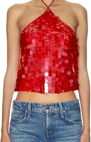 Women Sequin Halter Crop Top Sparkle Glitter Sleeveless Backless Cami Tank Tops Y2K Overall Sequins Camisole Going Out
