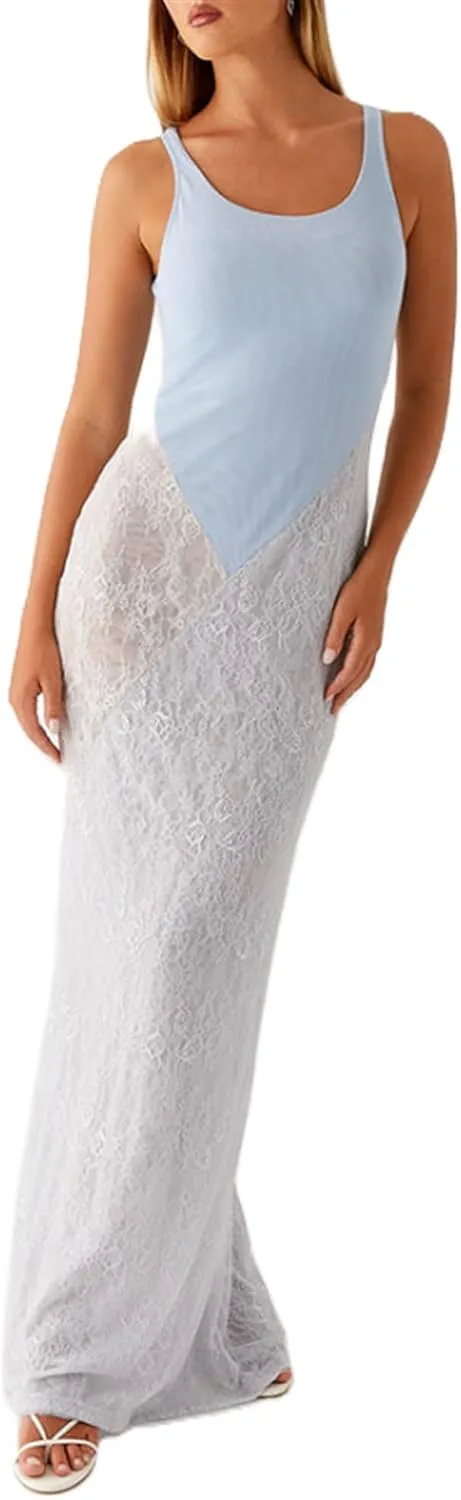 Women Sexy Hollow Out Maxi Dress Sleeveless Backless Lace Pachwork Bodycon Long Dress Y2k Going Out Party