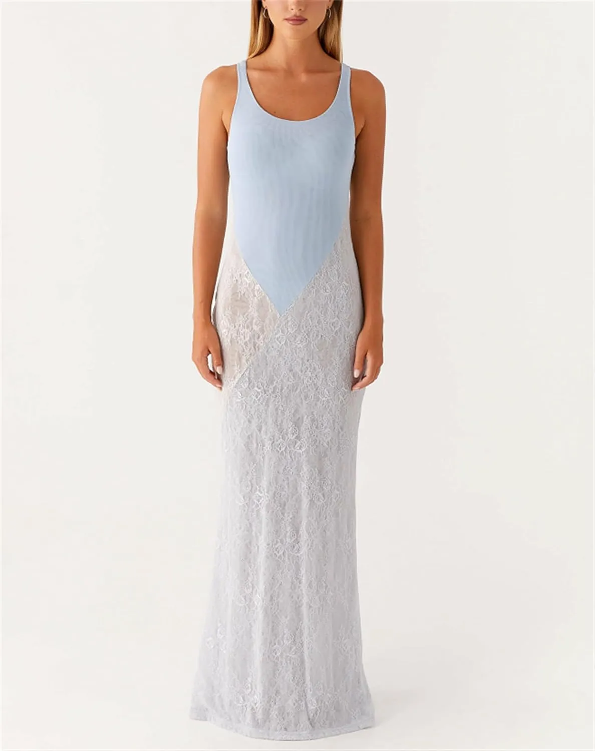 Women Sexy Hollow Out Maxi Dress Sleeveless Backless Lace Pachwork Bodycon Long Dress Y2k Going Out Party