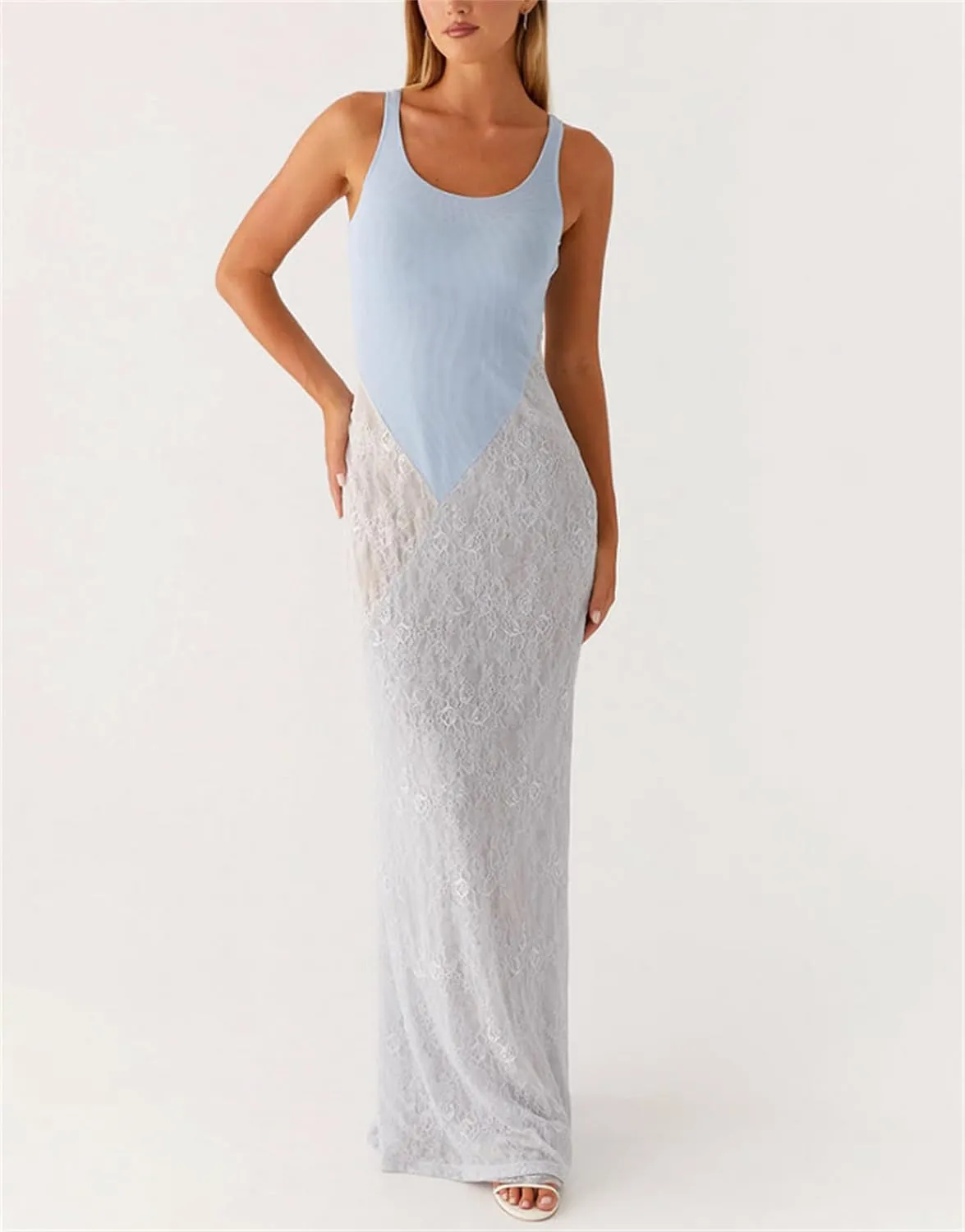 Women Sexy Hollow Out Maxi Dress Sleeveless Backless Lace Pachwork Bodycon Long Dress Y2k Going Out Party