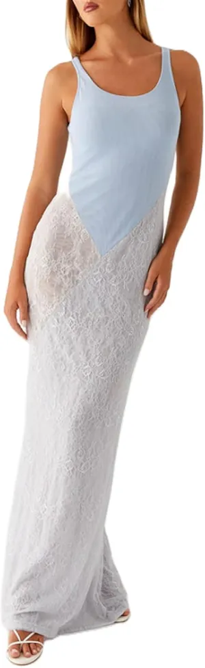 Women Sexy Hollow Out Maxi Dress Sleeveless Backless Lace Pachwork Bodycon Long Dress Y2k Going Out Party