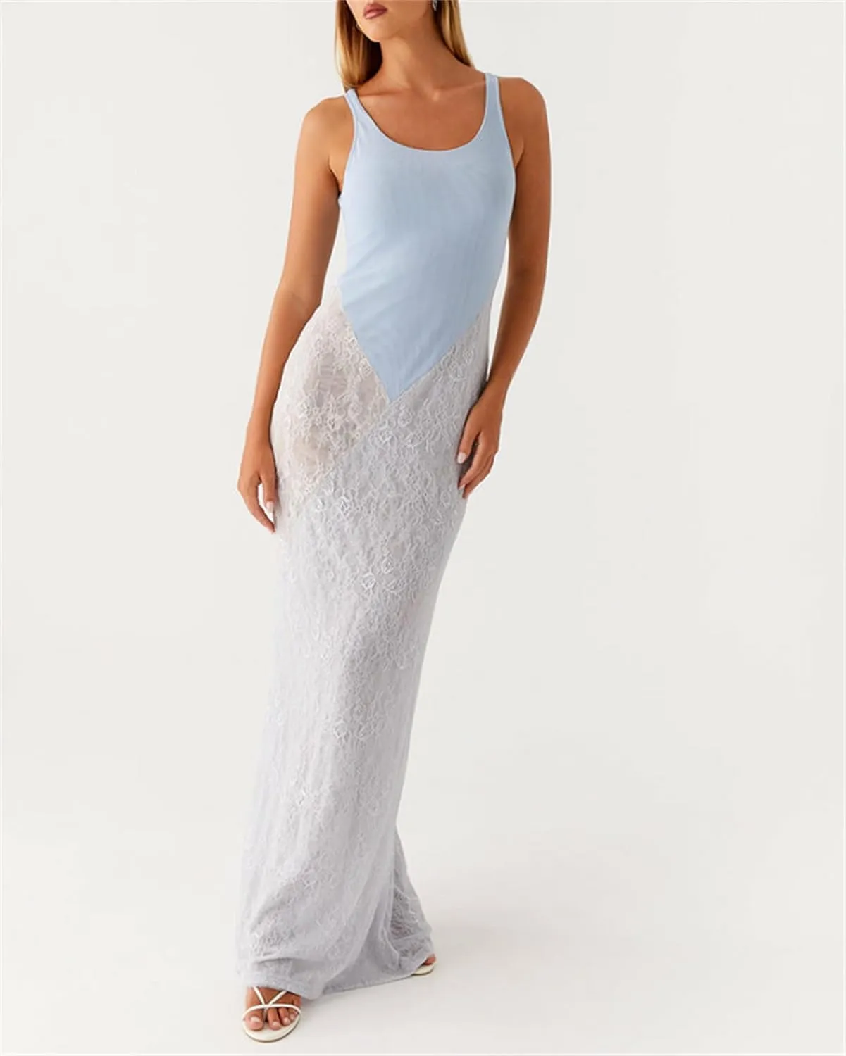 Women Sexy Hollow Out Maxi Dress Sleeveless Backless Lace Pachwork Bodycon Long Dress Y2k Going Out Party