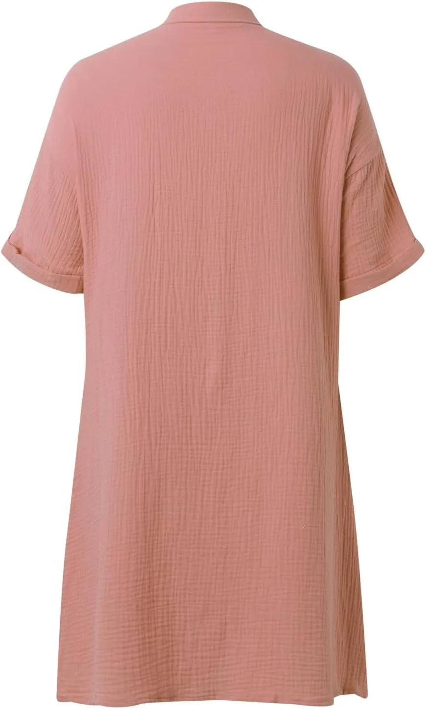 Women Summer Cotton Linen Button Down Dress Short Sleeve Dresses Floral V Neck Beach Tshirt Dress with Pockets 2025