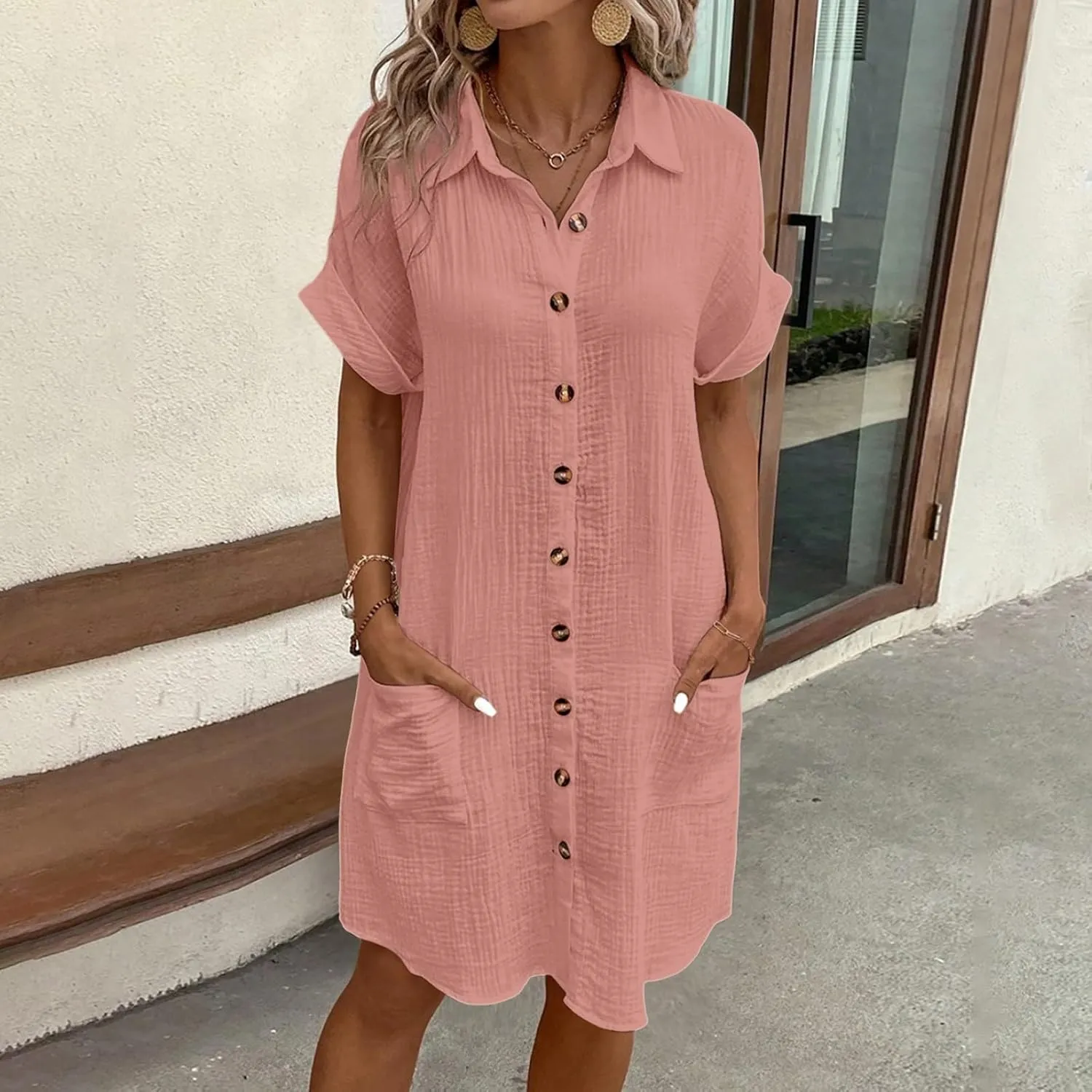 Women Summer Cotton Linen Button Down Dress Short Sleeve Dresses Floral V Neck Beach Tshirt Dress with Pockets 2025
