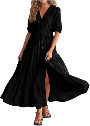 Women Summer Dresses Short Sleeves V Neck Button Drawstring Long Dresses Solid Color Boho Long Dress