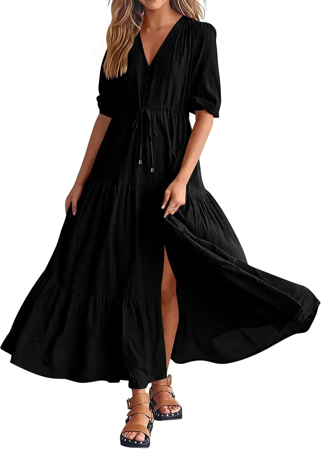 Women Summer Dresses Short Sleeves V Neck Button Drawstring Long Dresses Solid Color Boho Long Dress
