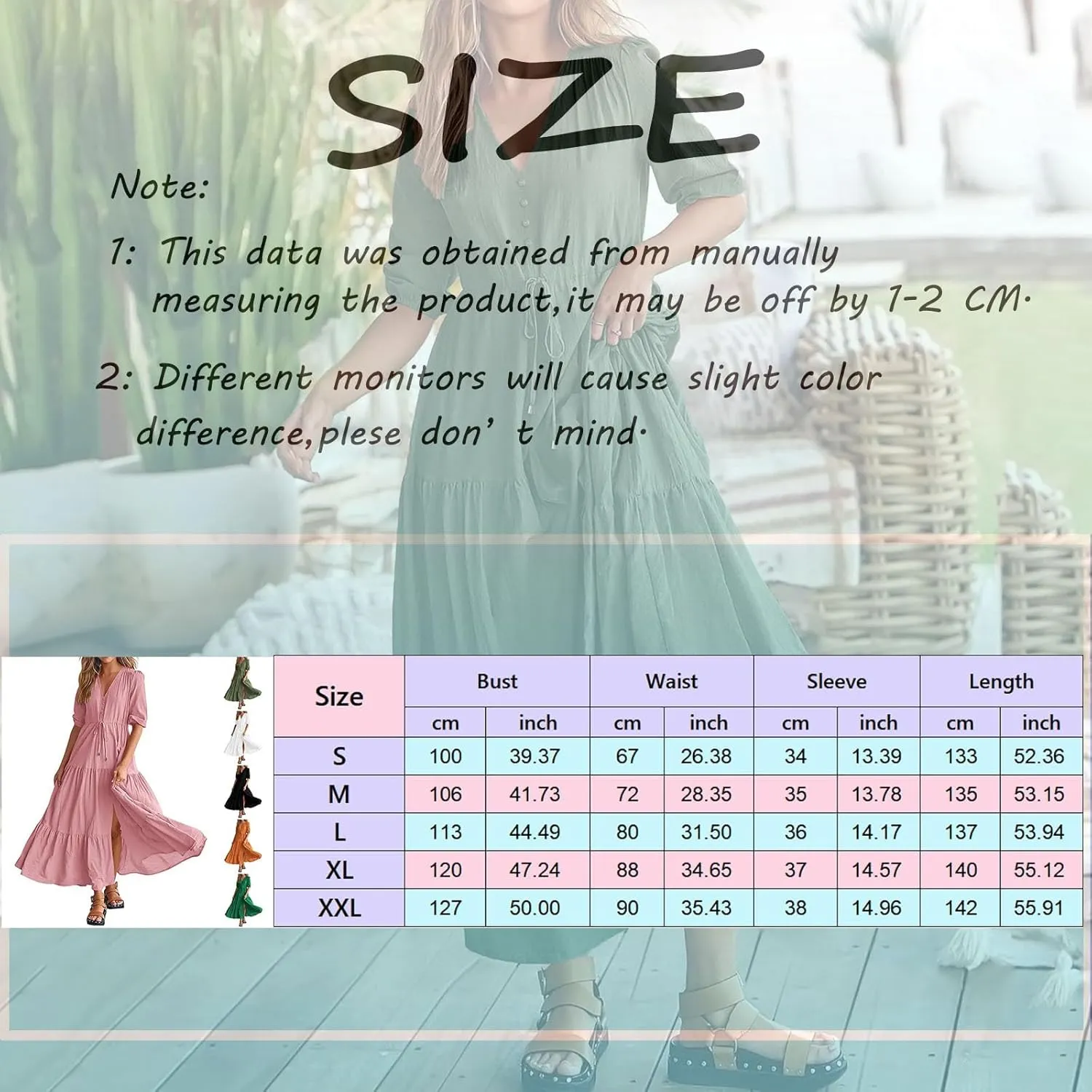 Women Summer Dresses Short Sleeves V Neck Button Drawstring Long Dresses Solid Color Boho Long Dress