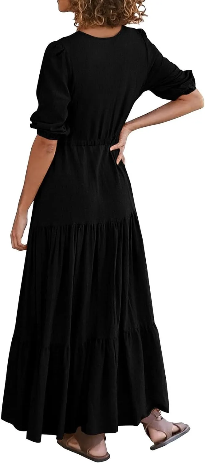 Women Summer Dresses Short Sleeves V Neck Button Drawstring Long Dresses Solid Color Boho Long Dress