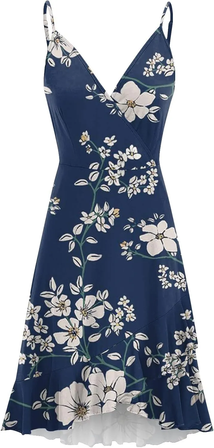 Women Summer Wrap V Neck Adjustable Spaghetti Straps Chest Pleats Casual Ruffle Dress Blossoms Strap Dress