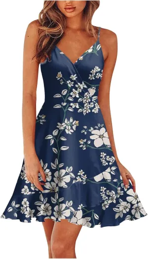 Women Summer Wrap V Neck Adjustable Spaghetti Straps Chest Pleats Casual Ruffle Dress Blossoms Strap Dress
