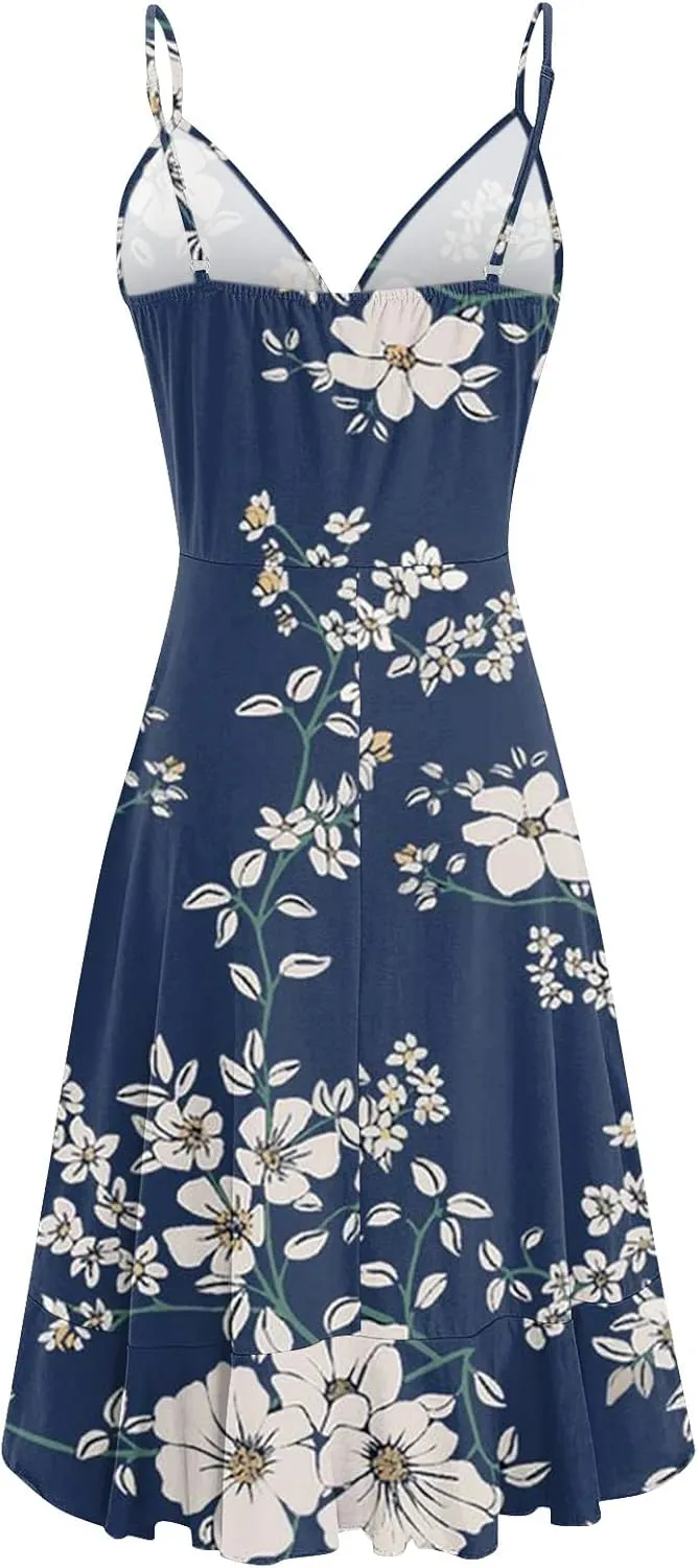 Women Summer Wrap V Neck Adjustable Spaghetti Straps Chest Pleats Casual Ruffle Dress Blossoms Strap Dress