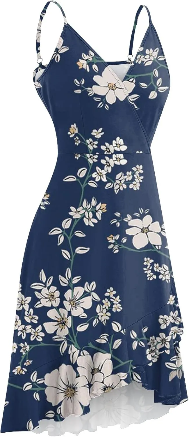 Women Summer Wrap V Neck Adjustable Spaghetti Straps Chest Pleats Casual Ruffle Dress Blossoms Strap Dress