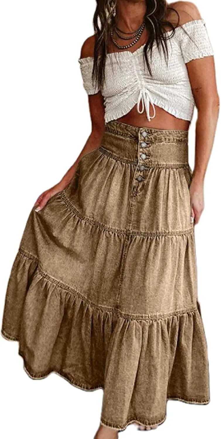 Women Tiered Ruffle Hem Denim Maxi Skirt Solid High Waist Buttons Jean Skirt Vintage Washed Swing Party Streetwear