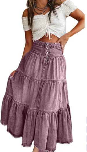 Women Tiered Ruffle Hem Denim Maxi Skirt Solid High Waist Buttons Jean Skirt Vintage Washed Swing Party Streetwear