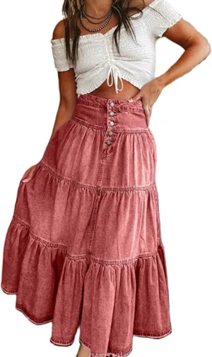 Women Tiered Ruffle Hem Denim Maxi Skirt Solid High Waist Buttons Jean Skirt Vintage Washed Swing Party Streetwear