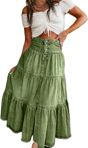Women Tiered Ruffle Hem Denim Maxi Skirt Solid High Waist Buttons Jean Skirt Vintage Washed Swing Party Streetwear