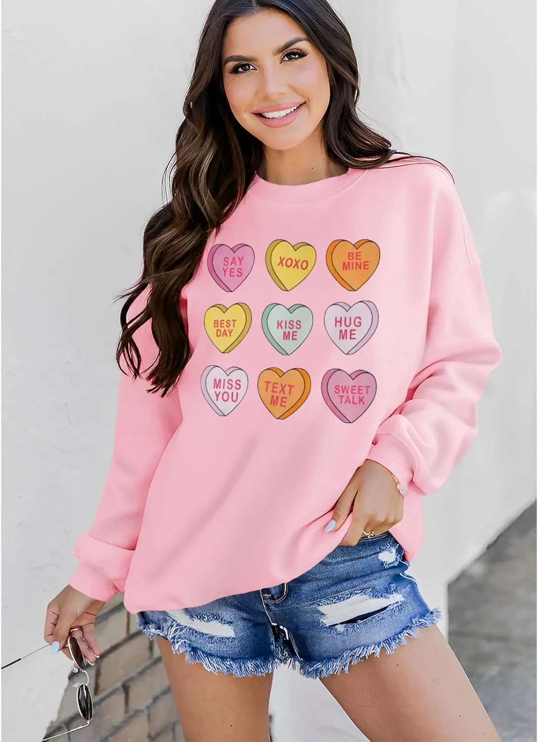 Women Valentine Sweatshirt Love Heart XOXO Funny Conversation Heart Graphic Shirt Tops Crewneck Oversized Outfits