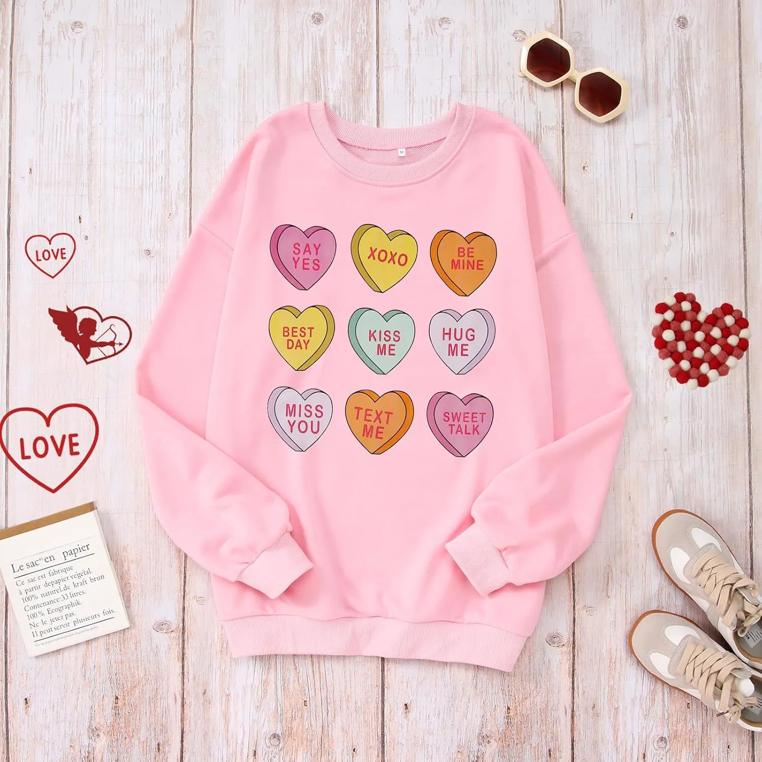 Women Valentine Sweatshirt Love Heart XOXO Funny Conversation Heart Graphic Shirt Tops Crewneck Oversized Outfits