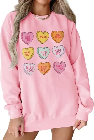 Women Valentine Sweatshirt Love Heart XOXO Funny Conversation Heart Graphic Shirt Tops Crewneck Oversized Outfits