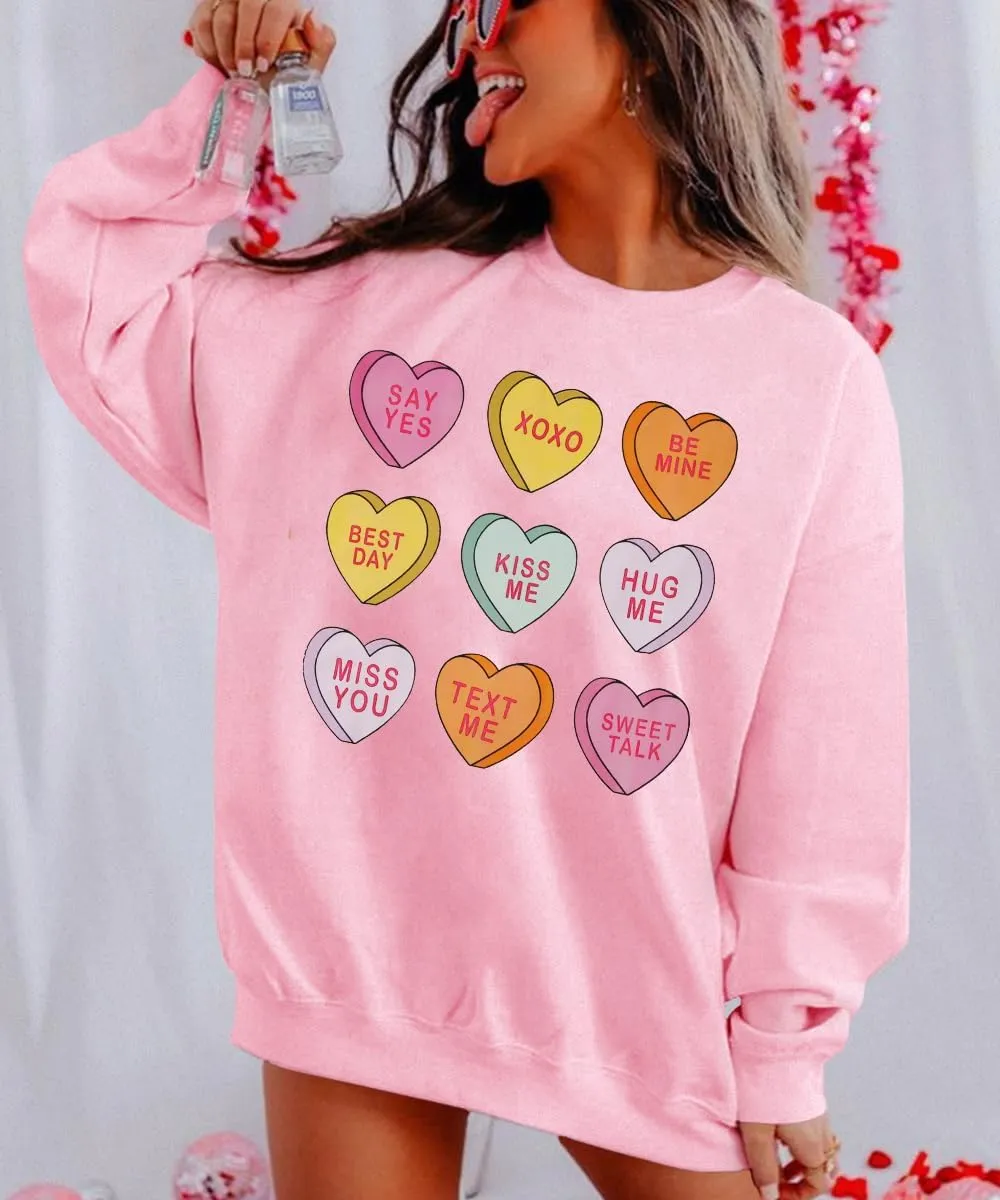 Women Valentine Sweatshirt Love Heart XOXO Funny Conversation Heart Graphic Shirt Tops Crewneck Oversized Outfits