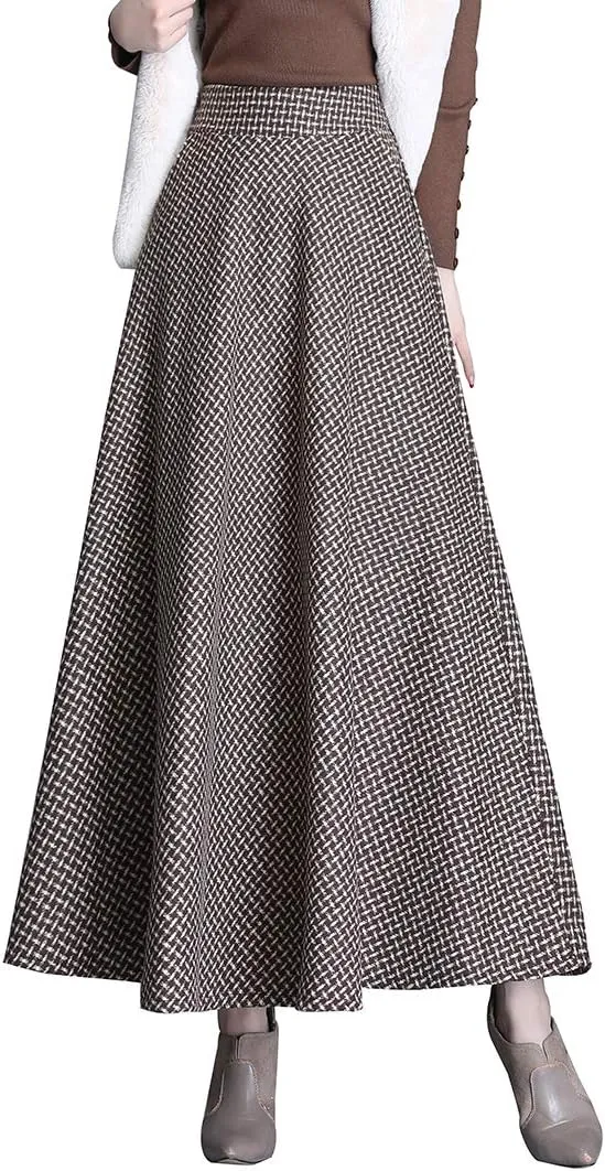 Women Winter Houndstooth Wool Maxi Skirt Elegant Warm High Waist Elastic Waist Casual Party A-line Long Skirt