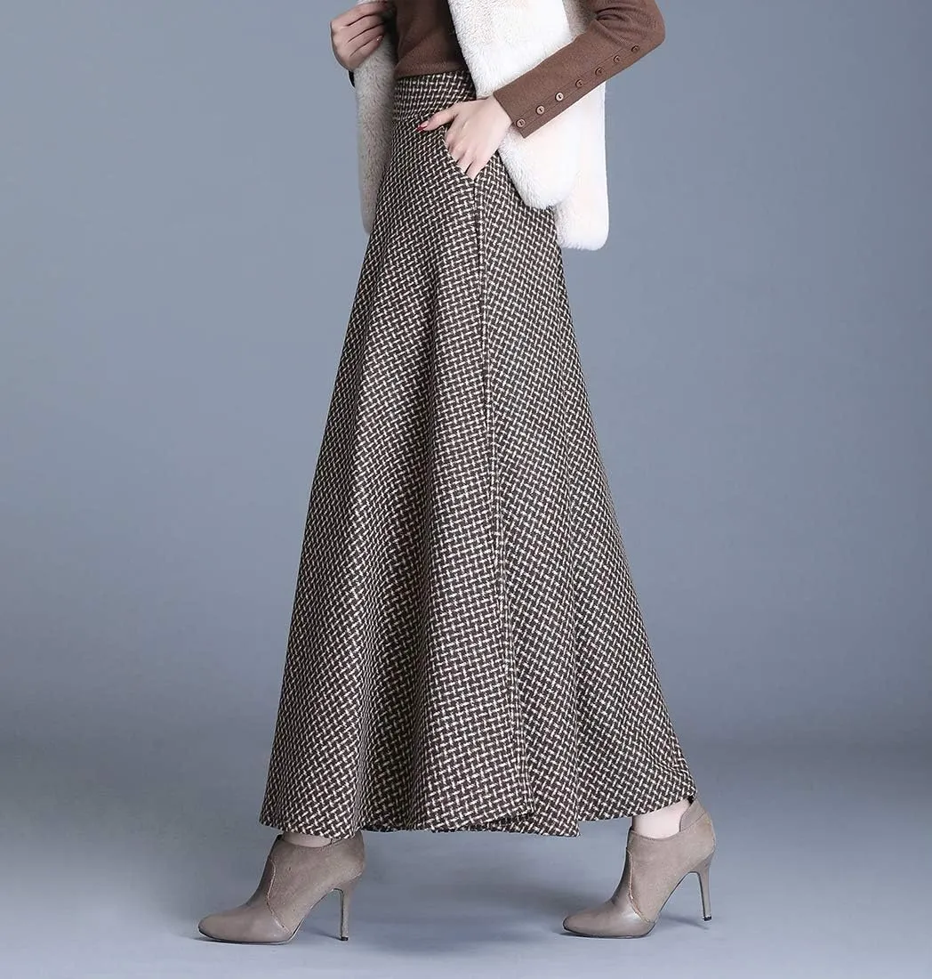 Women Winter Houndstooth Wool Maxi Skirt Elegant Warm High Waist Elastic Waist Casual Party A-line Long Skirt
