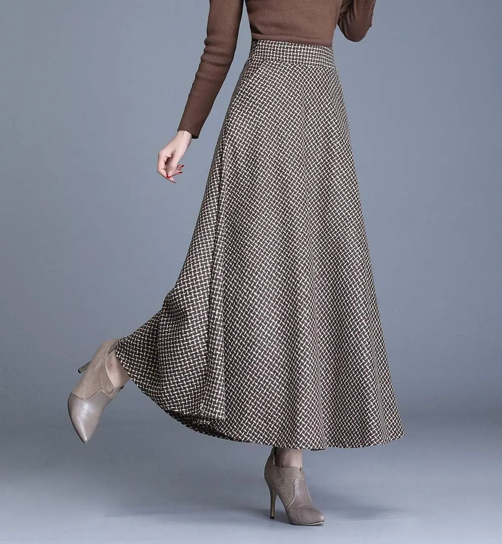 Women Winter Houndstooth Wool Maxi Skirt Elegant Warm High Waist Elastic Waist Casual Party A-line Long Skirt