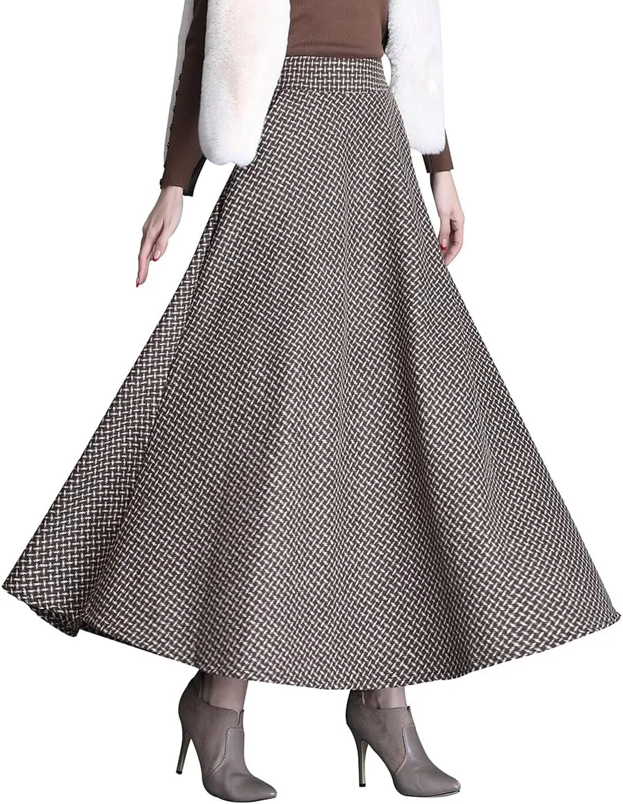 Women Winter Houndstooth Wool Maxi Skirt Elegant Warm High Waist Elastic Waist Casual Party A-line Long Skirt