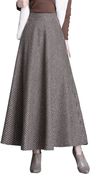 Women Winter Houndstooth Wool Maxi Skirt Elegant Warm High Waist Elastic Waist Casual Party A-line Long Skirt