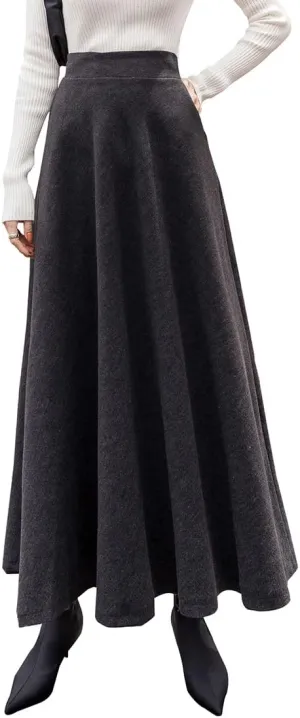 Women Winter Wool Maxi Skirt Elegant Plaid Warm Striped High Waist Casual Party A-line Elastic Waist Long Skirt Grey -XXXL