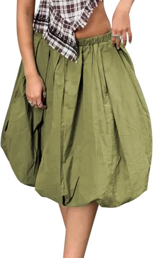 Women Y2k Bubble Maxi Skirt Casual Elastic Waist Flowy A Line Long Skirt Summer Ruffle Midi Skirt Dress Streetwear