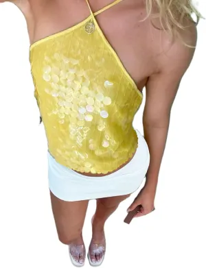 Women Y2K Sequin Halter Cami Top Sexy Sparkle V Neck Backless Criss Cross Straps Tank Bling Glitter Camisole