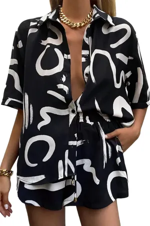 Women's 2 Piece Outfit Sets Summer Beach Casual Printed Shirts and Shorts Lounge Sets