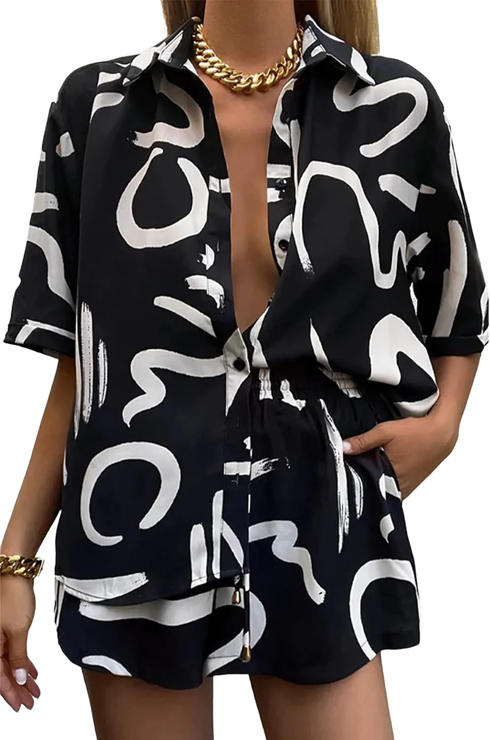 Women's 2 Piece Outfit Sets Summer Beach Casual Printed Shirts and Shorts Lounge Sets