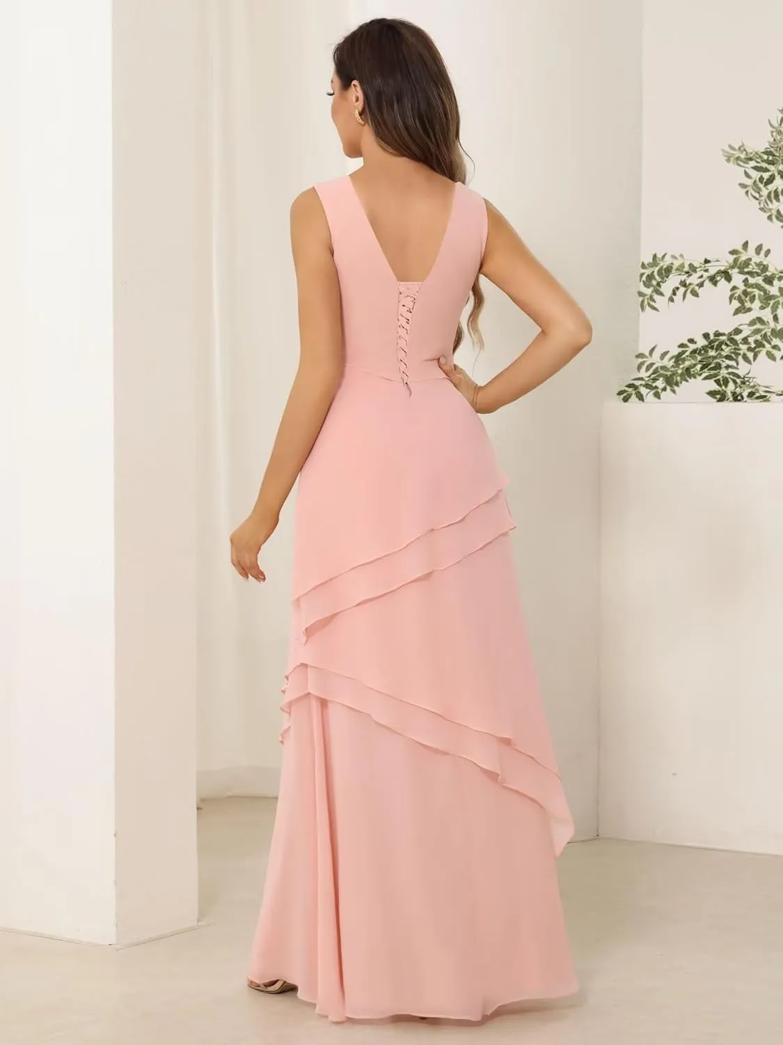 Womens 2 Pieces Chiffon Mother of The Bride Dress with Long Sleeve Jacket Long Formal Dress with Ruffles LN18