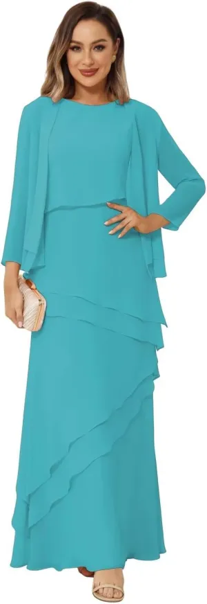 Womens 2 Pieces Chiffon Mother of The Bride Dress with Long Sleeve Jacket Long Formal Dress with Ruffles LN18