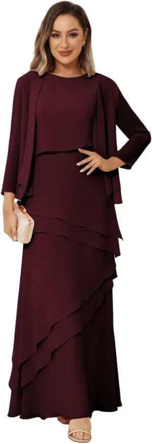 Womens 2 Pieces Chiffon Mother of The Bride Dress with Long Sleeve Jacket Long Formal Dress with Ruffles LN18
