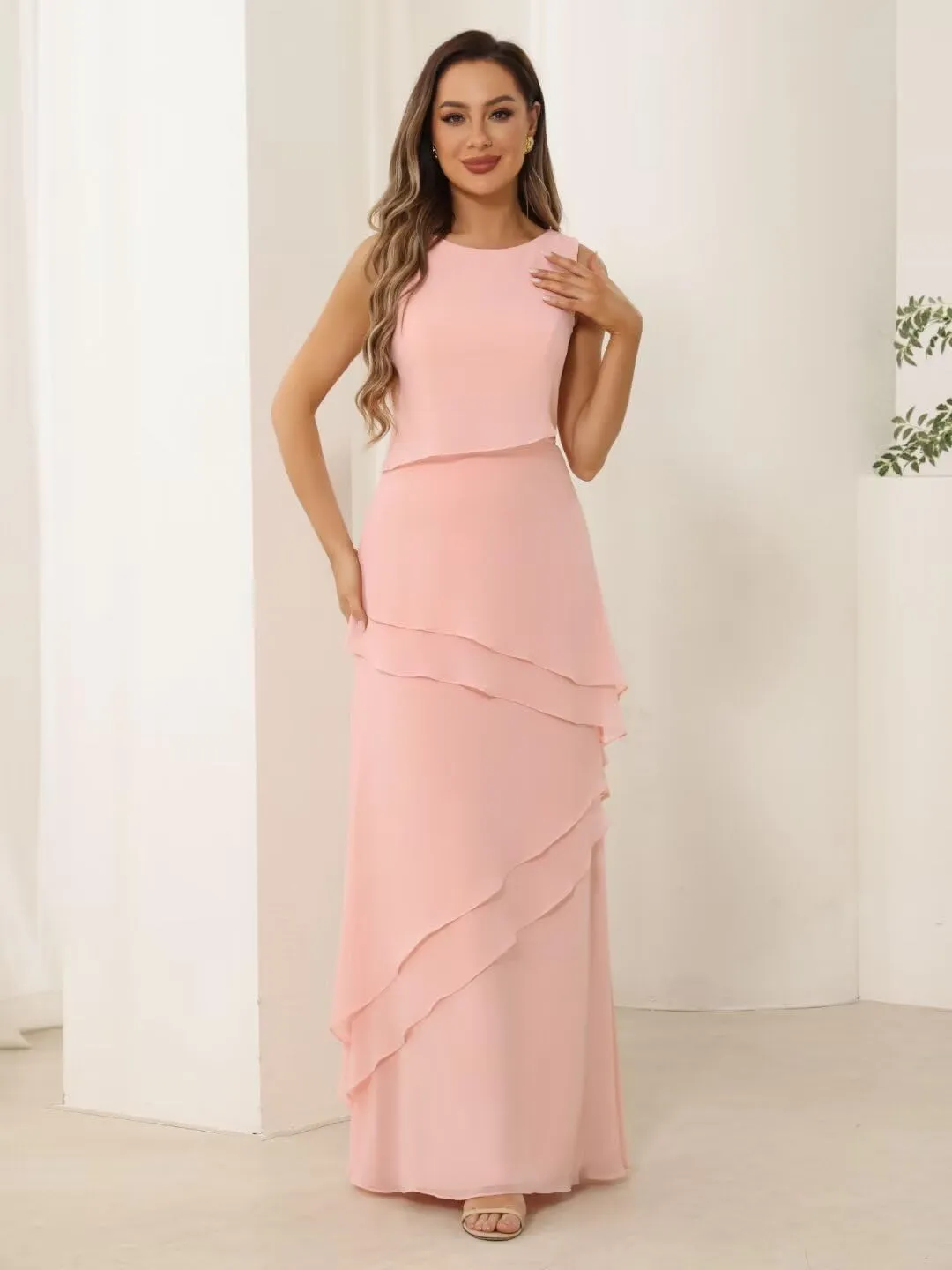 Womens 2 Pieces Chiffon Mother of The Bride Dress with Long Sleeve Jacket Long Formal Dress with Ruffles LN18