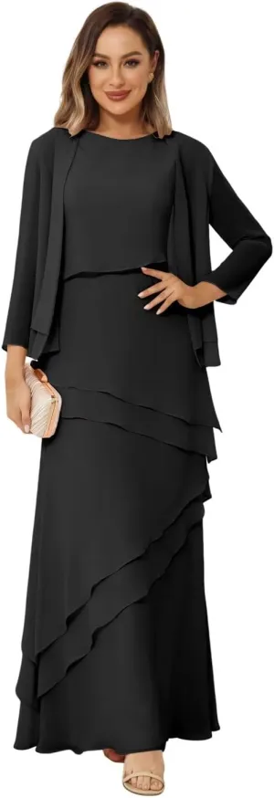 Womens 2 Pieces Chiffon Mother of The Bride Dress with Long Sleeve Jacket Long Formal Dress with Ruffles LN18