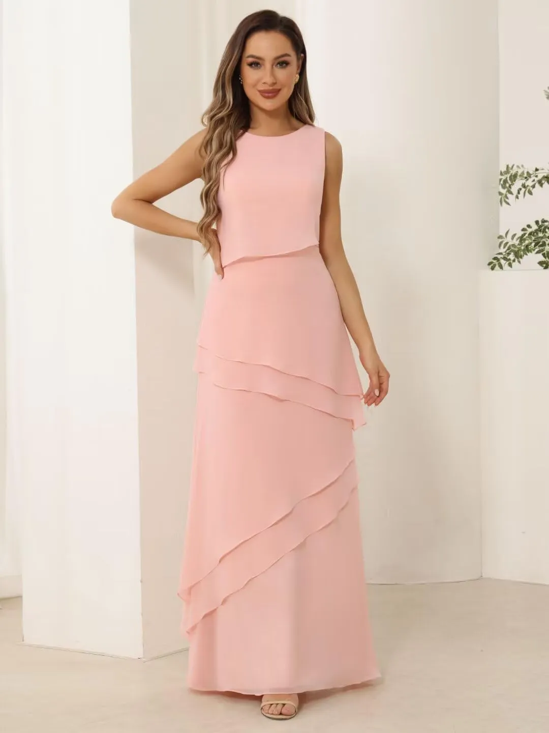 Womens 2 Pieces Chiffon Mother of The Bride Dress with Long Sleeve Jacket Long Formal Dress with Ruffles LN18