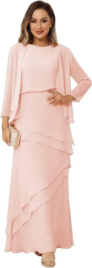 Womens 2 Pieces Chiffon Mother of The Bride Dress with Long Sleeve Jacket Long Formal Dress with Ruffles LN18