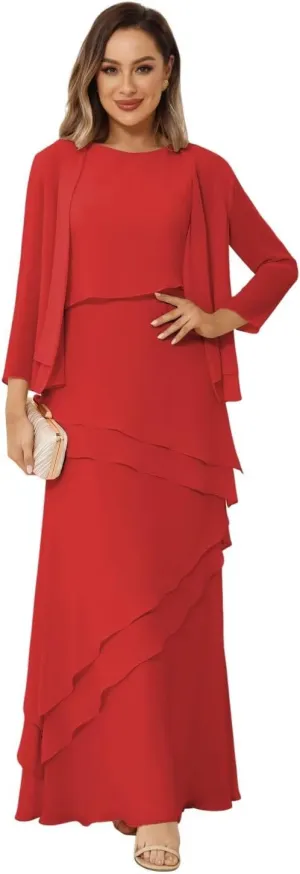 Womens 2 Pieces Chiffon Mother of The Bride Dress with Long Sleeve Jacket Long Formal Dress with Ruffles LN18